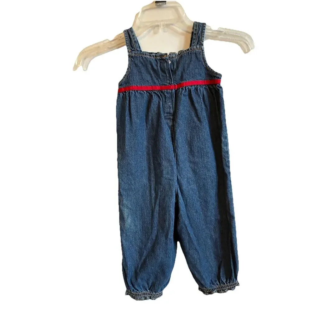 Gymboree Denim Overalls Reindeer Holiday Christmas Girls 18-24M Red Ruffle Trim